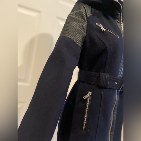 BCBGeneration~Navy & Black Faux Leather~Belted~Hooded~Pea Coat~Pockets~Size S - Picture 7 of 16